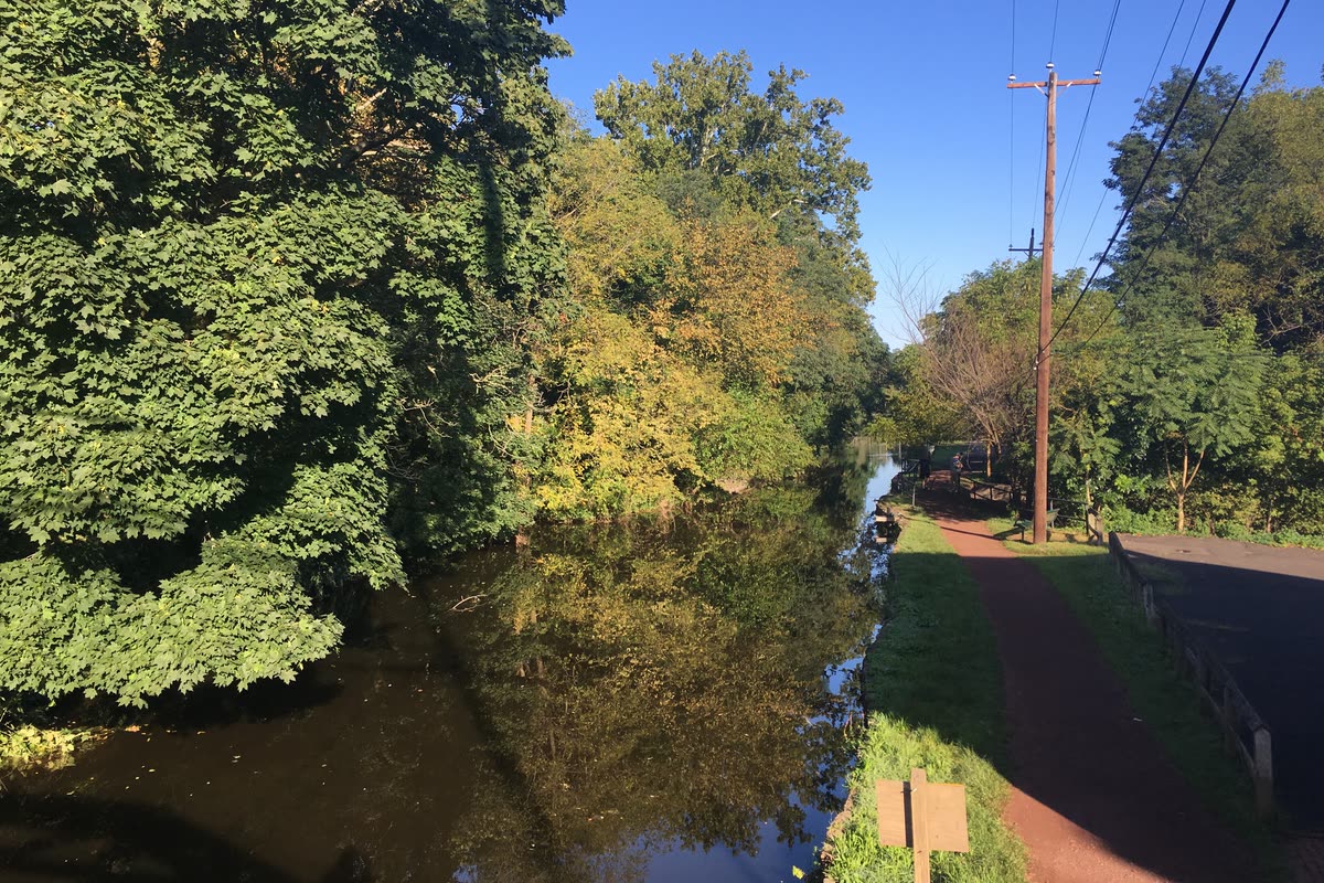 Tree-lined Delaware Canal and towpath in Yardley, Bucks County, PA