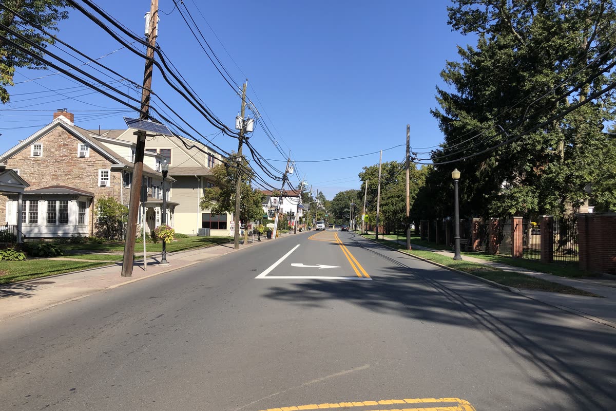 Main Street (U.S. Route 206) lined with trees and homes in Lawrenceville, NJ